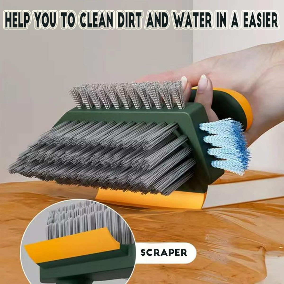 4-in-1 Grout Brush with dark green body, layered grey and white bristles, orange scraper edge and black handle
