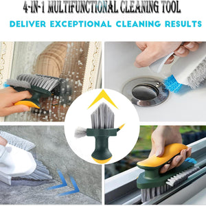 4-in-1 Grout Brush with green handle and white, grey and blue bristles, featuring multiple heads and a squeegee