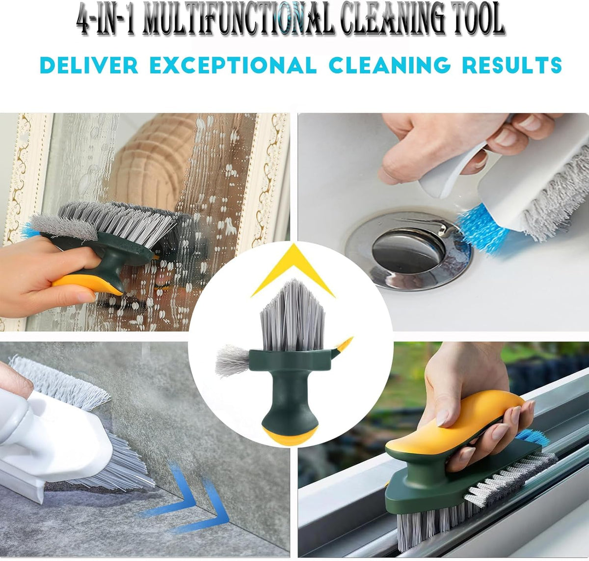 4-in-1 Grout Brush with green handle and white, grey and blue bristles, featuring multiple heads and a squeegee
