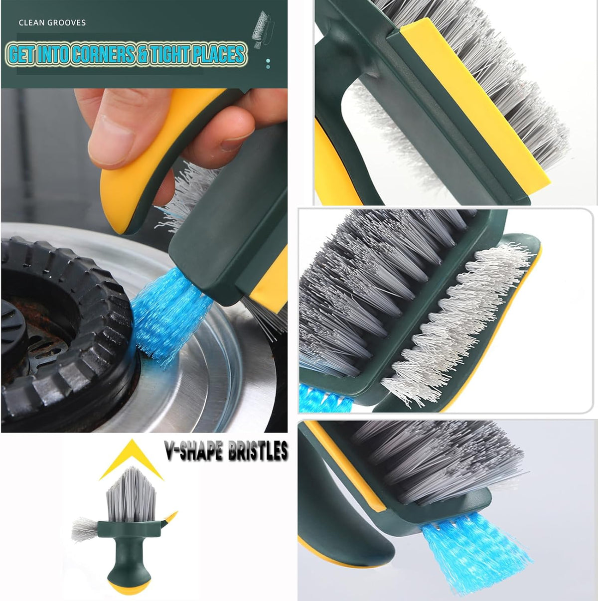 4-in-1 Grout Brush with a dark green and yellow handle, firm gray bristles, V-shaped head and blue squeegee