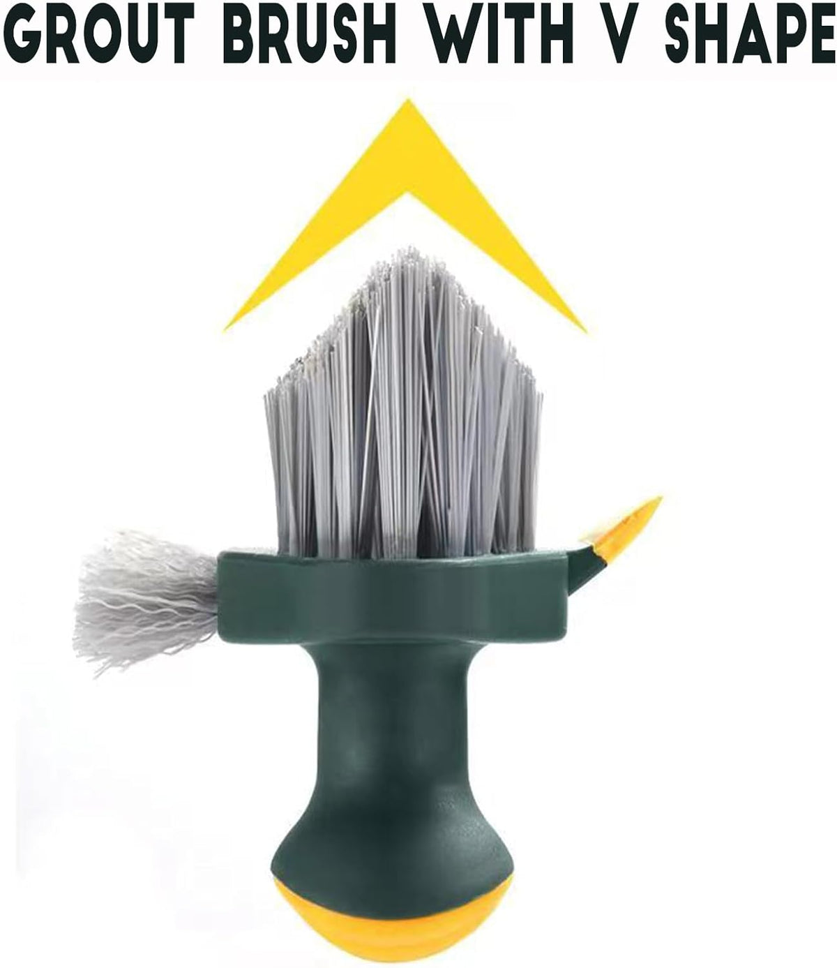 4-in-1 Grout Brush in dark green with gray V-shaped bristles, side brush head and yellow squeegee tip