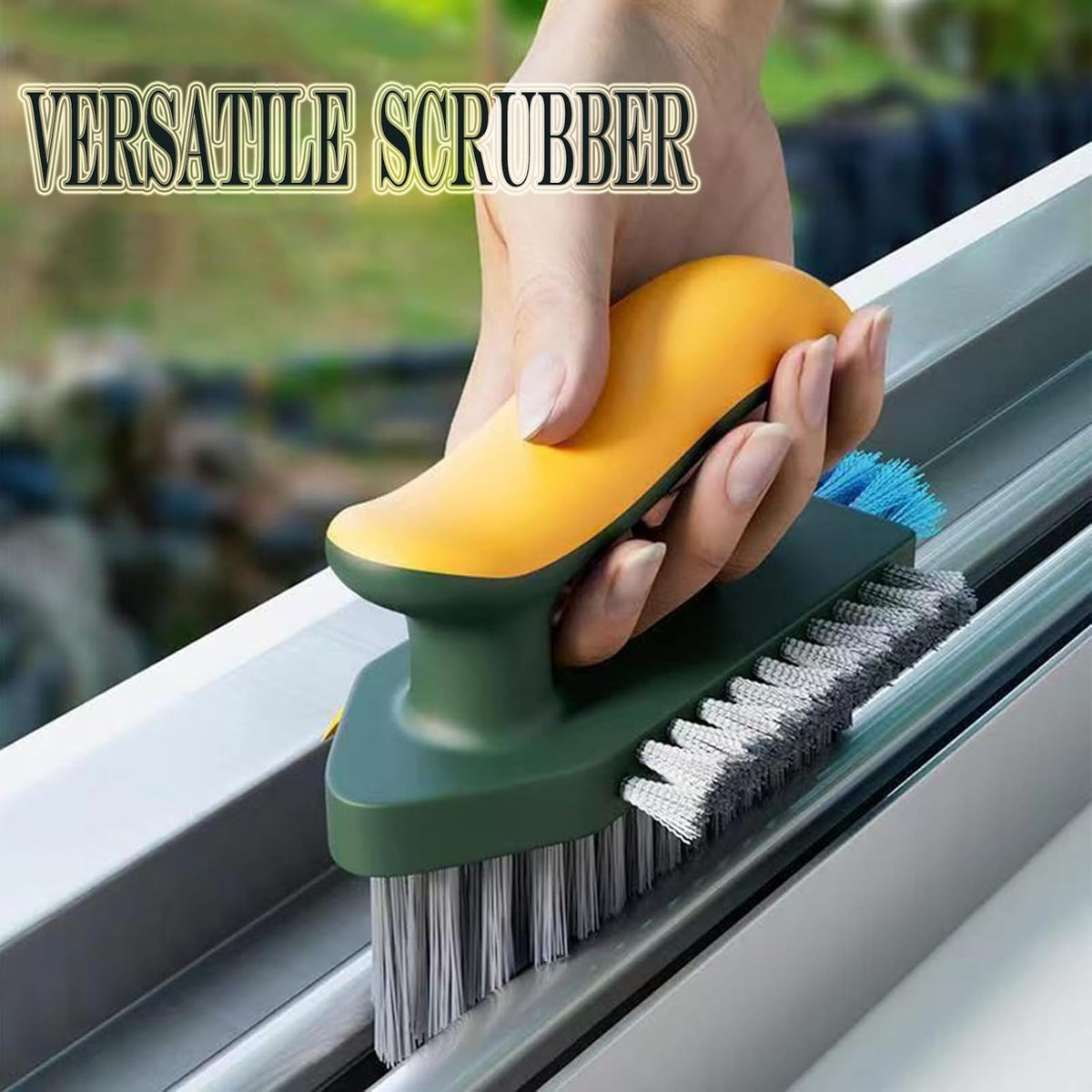 4-in-1 Grout Brush with a green body, yellow ergonomic grip, and dense grey and white bristles for scrubbing tracks