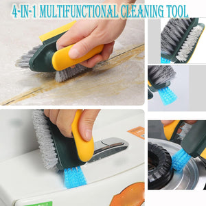 4-in-1 Grout Brush with a dark green body, yellow handle, grey and white bristles, and blue squeegee edge