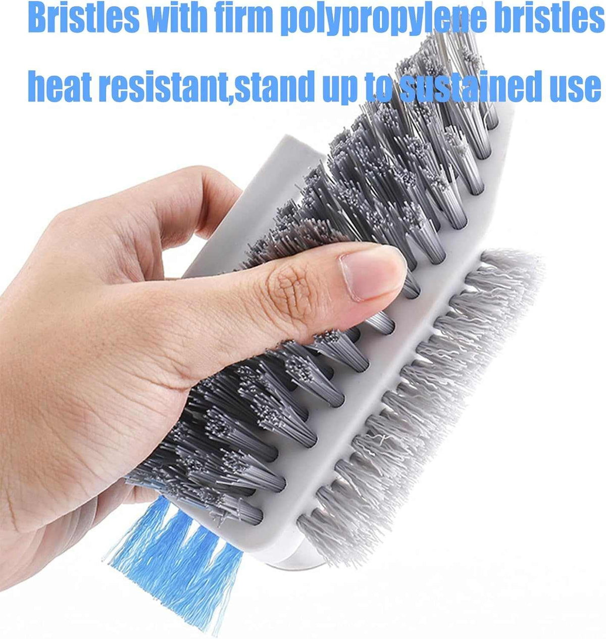 4-in-1 Grout Brush with a white body and dense grey polypropylene bristles, featuring multiple brush heads and blue bristles