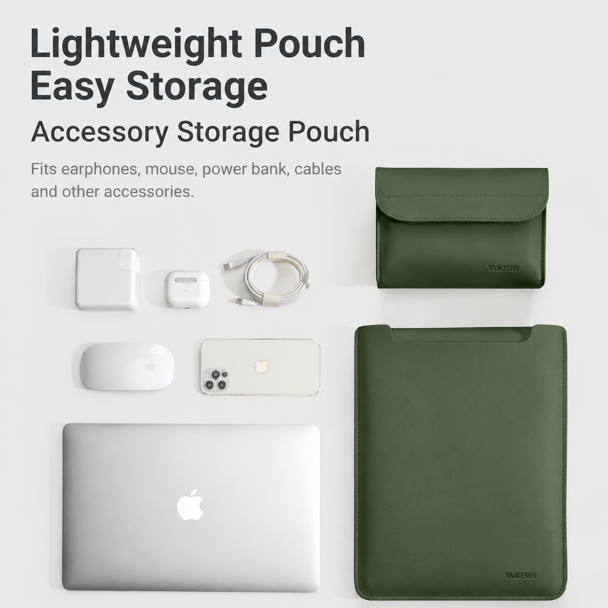 4 in 1 Pink Soft PU Leather accessory storage pouch shown in dark green, with smooth material and matching flap enclosure