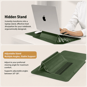 4 in 1 Pink Soft PU Leather laptop sleeve shown as a dark green folding stand with adjustable support panels