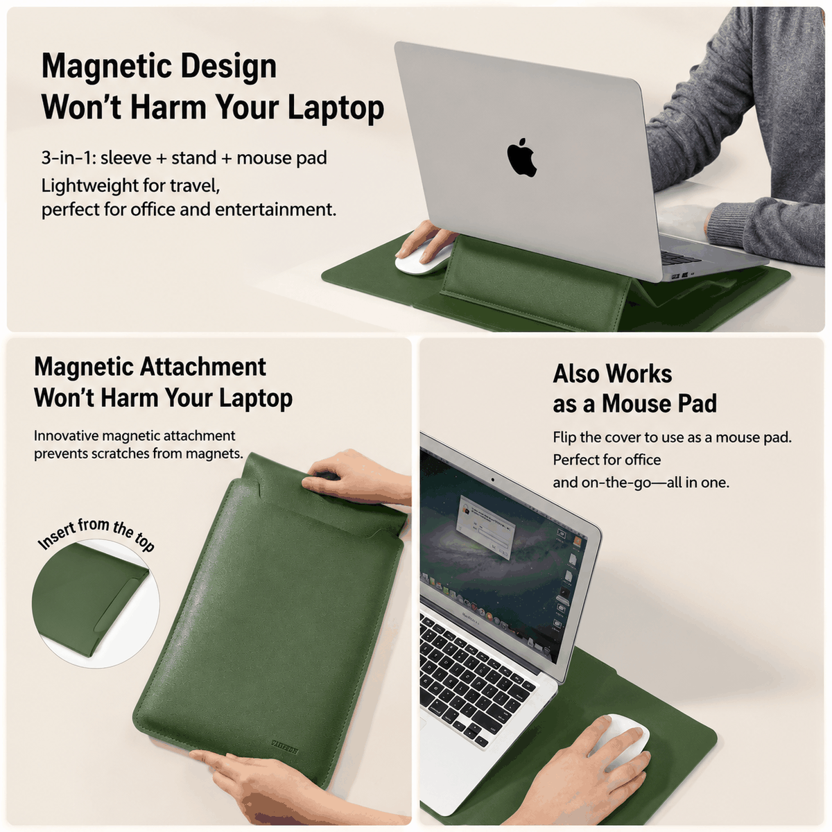 4 in 1 Pink Soft PU Leather laptop sleeve, appearing green with a smooth finish and folding stand and mouse pad