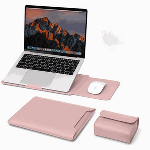 4 in 1 Pink Soft PU Leather laptop sleeve shown as a stand and mouse pad, with matching folded sleeve and pouch