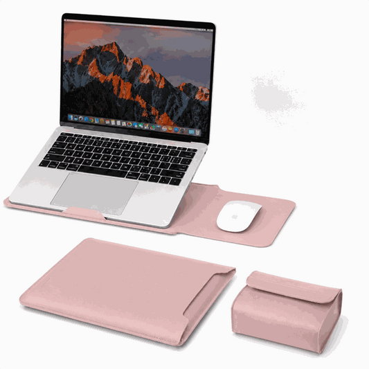 4 in 1 Pink Soft PU Leather laptop sleeve shown as a stand and mouse pad, with matching folded sleeve and pouch