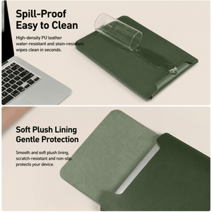 4 in 1 Pink Soft PU Leather laptop sleeve with stand and soft plush lining, shown in dark olive green
