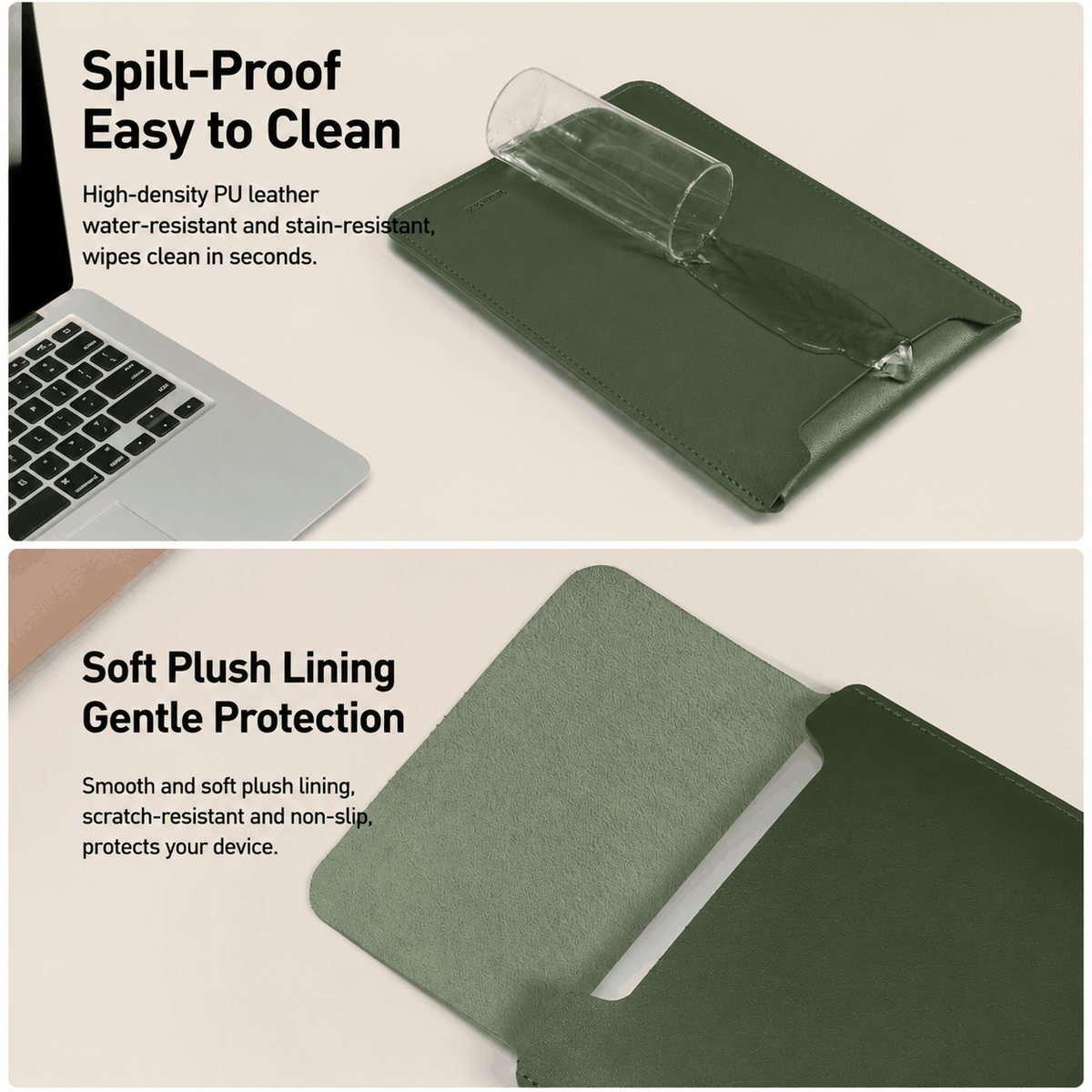 4 in 1 Pink Soft PU Leather laptop sleeve with stand and soft plush lining, shown in dark olive green