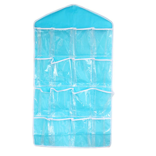 4 Pack Blue Hanging Closet Organizer with a bright blue fabric backing, clear plastic pockets, and white trim.