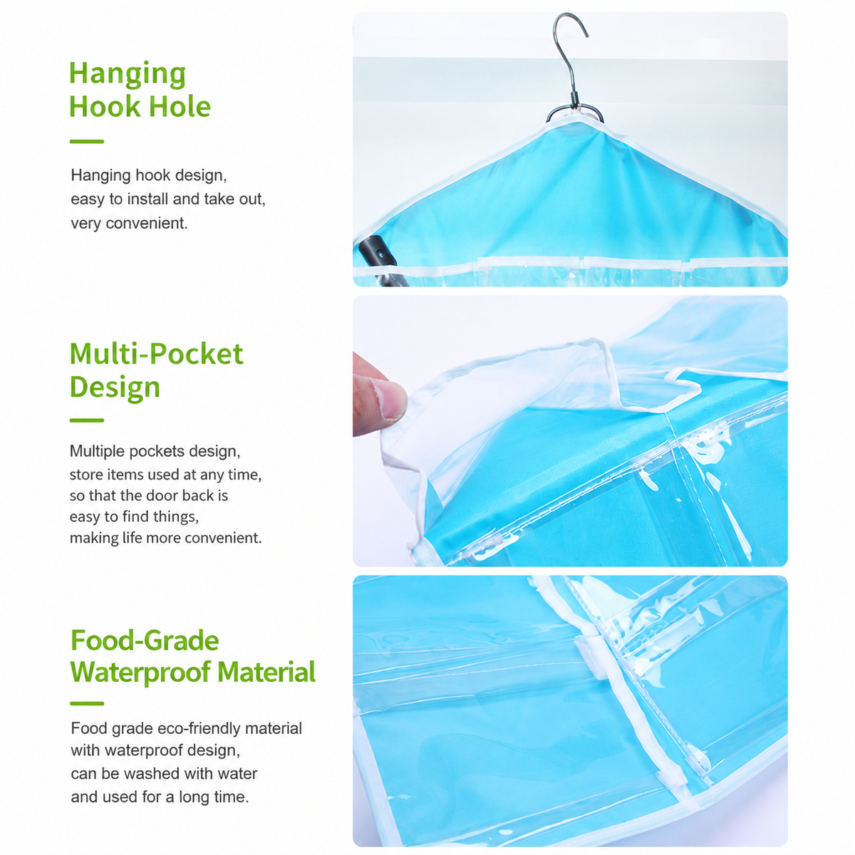 4 Pack Blue Hanging Closet Organizer with bright blue fabric panels, clear waterproof pockets and a hanging hook opening