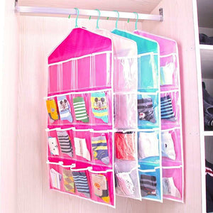 4 Pack Blue Hanging Closet Organizer set with clear PVC pockets, white trim, and pink, blue, and teal fabric panels