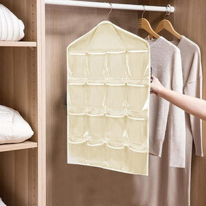 4 Pack Blue Hanging Closet Organizer with visible cream fabric body and clear pockets, shown hanging with a triangular top