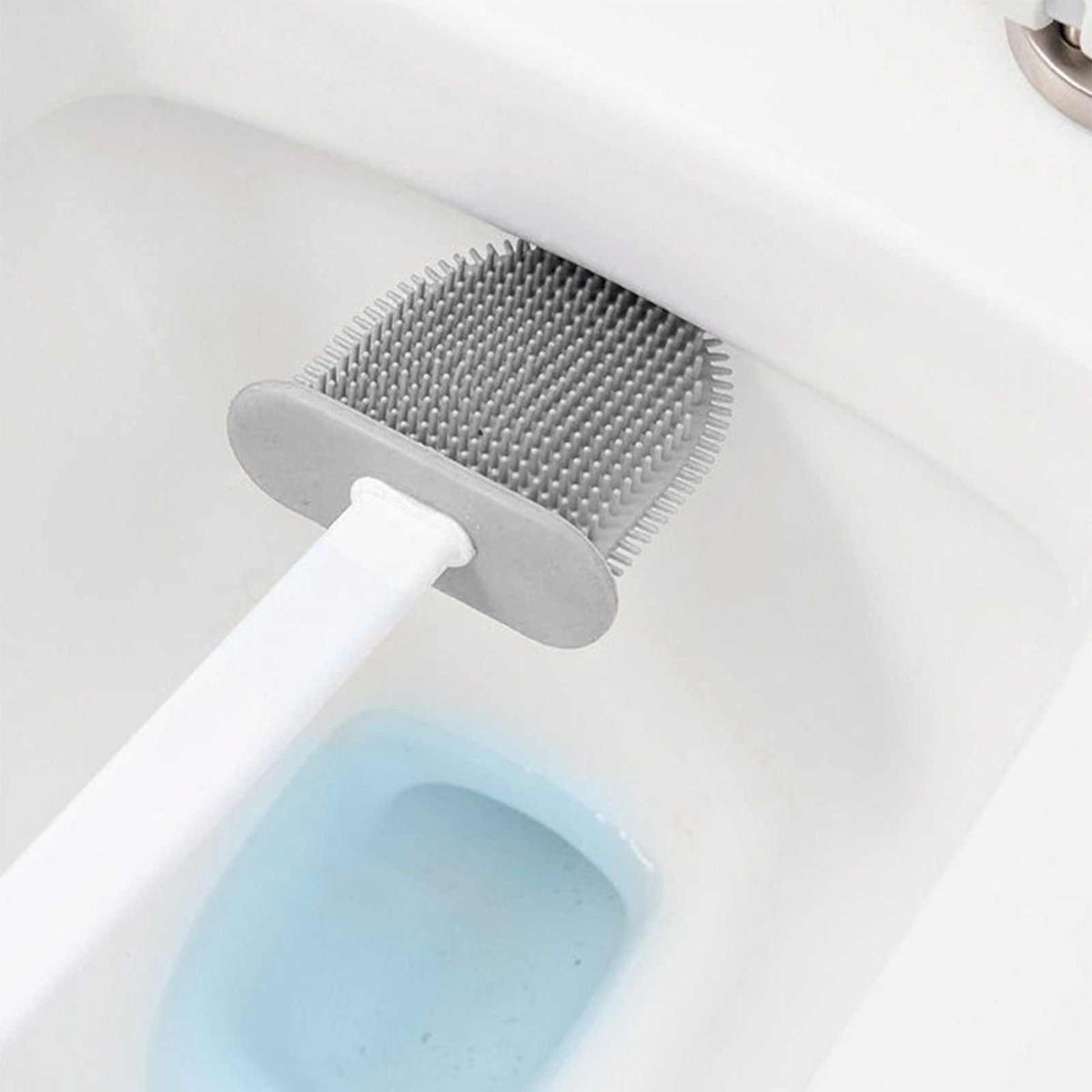 4 Pieces Toilet Bowl Brush Set with a white plastic handle and rectangular gray silicone bristle head