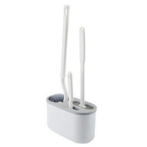 4 Pieces Toilet Bowl Brush Set with white plastic wall-mounted holder and three long-handled brushes in varied shapes