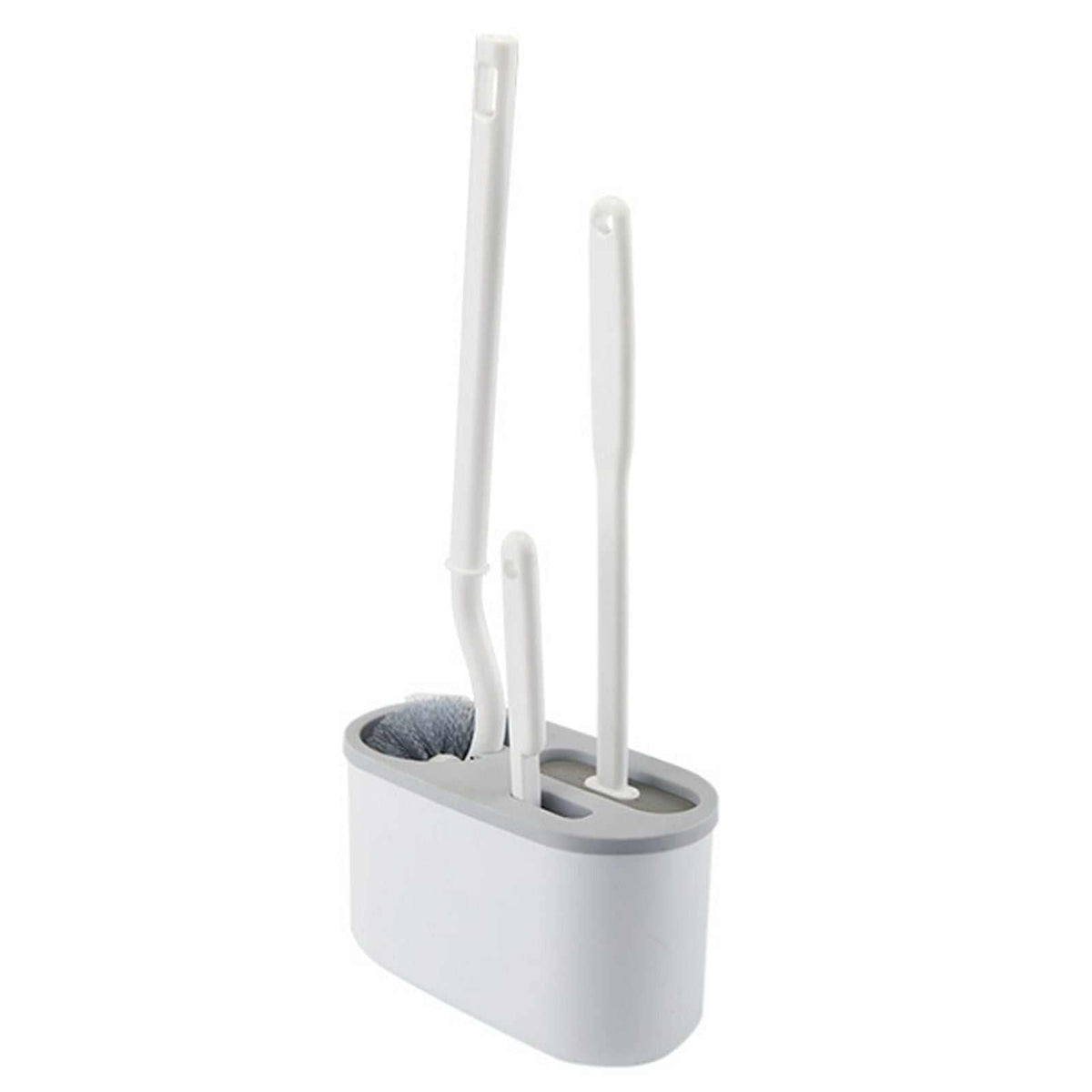 4 Pieces Toilet Bowl Brush Set with white plastic wall-mounted holder and three long-handled brushes in varied shapes
