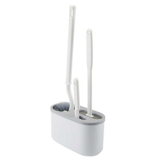 4 Pieces Toilet Bowl Brush Set with white plastic wall-mounted holder and three long-handled brushes in varied shapes