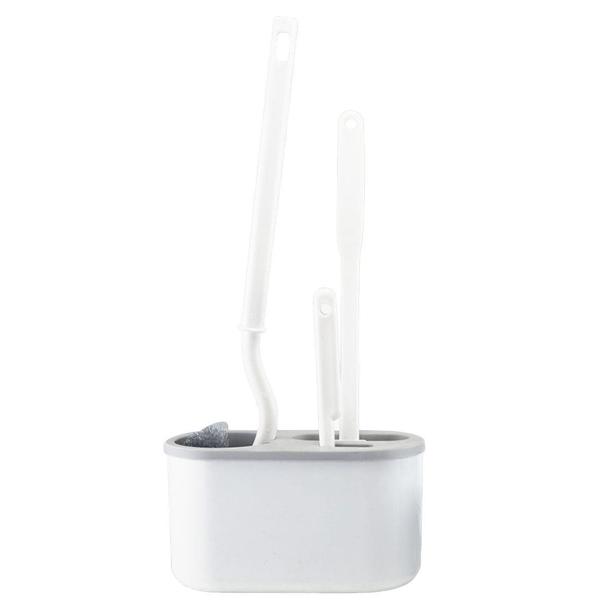 4 Pieces Toilet Bowl Brush Set with three white plastic brushes in a rounded holder with a grey rim