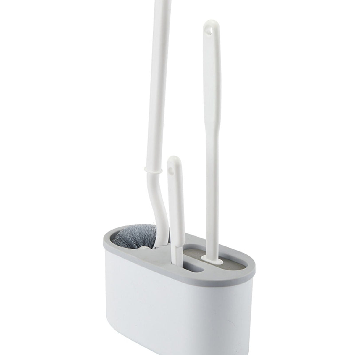 4 Pieces Toilet Bowl Brush Set in white plastic with three slim brush handles and an oval holder with gray trim