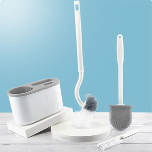 4 Pieces Toilet Bowl Brush Set in white plastic, with a ventilated holder and three distinct brush heads, including a round brush
