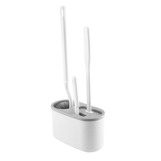 4 Pieces Toilet Bowl Brush Set in white plastic with three differently shaped brushes and a rounded ventilated holder