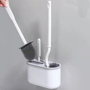 4 Pieces Toilet Bowl Brush Set in white plastic with a wall-mounted holder and three brushes, including a black silicone head