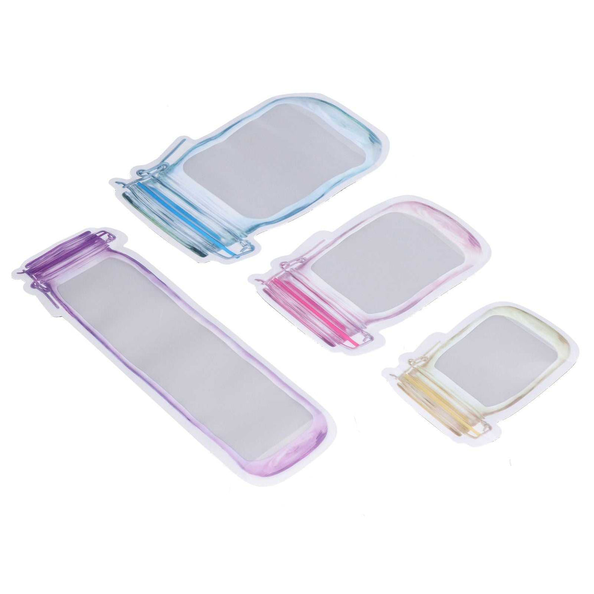 40Pcs Reusable Food Storage Bags in clear flexible plastic with blue, pink, purple and yellow zipper seals in assorted sizes