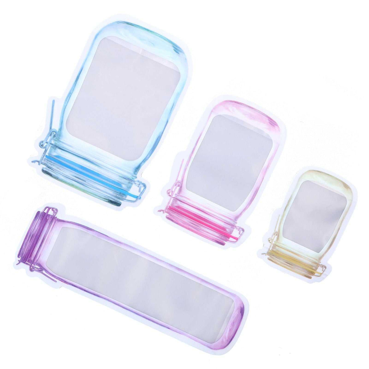 40Pcs Reusable Food Storage Bags in four clear sizes with blue, pink, yellow, and purple zipper seals
