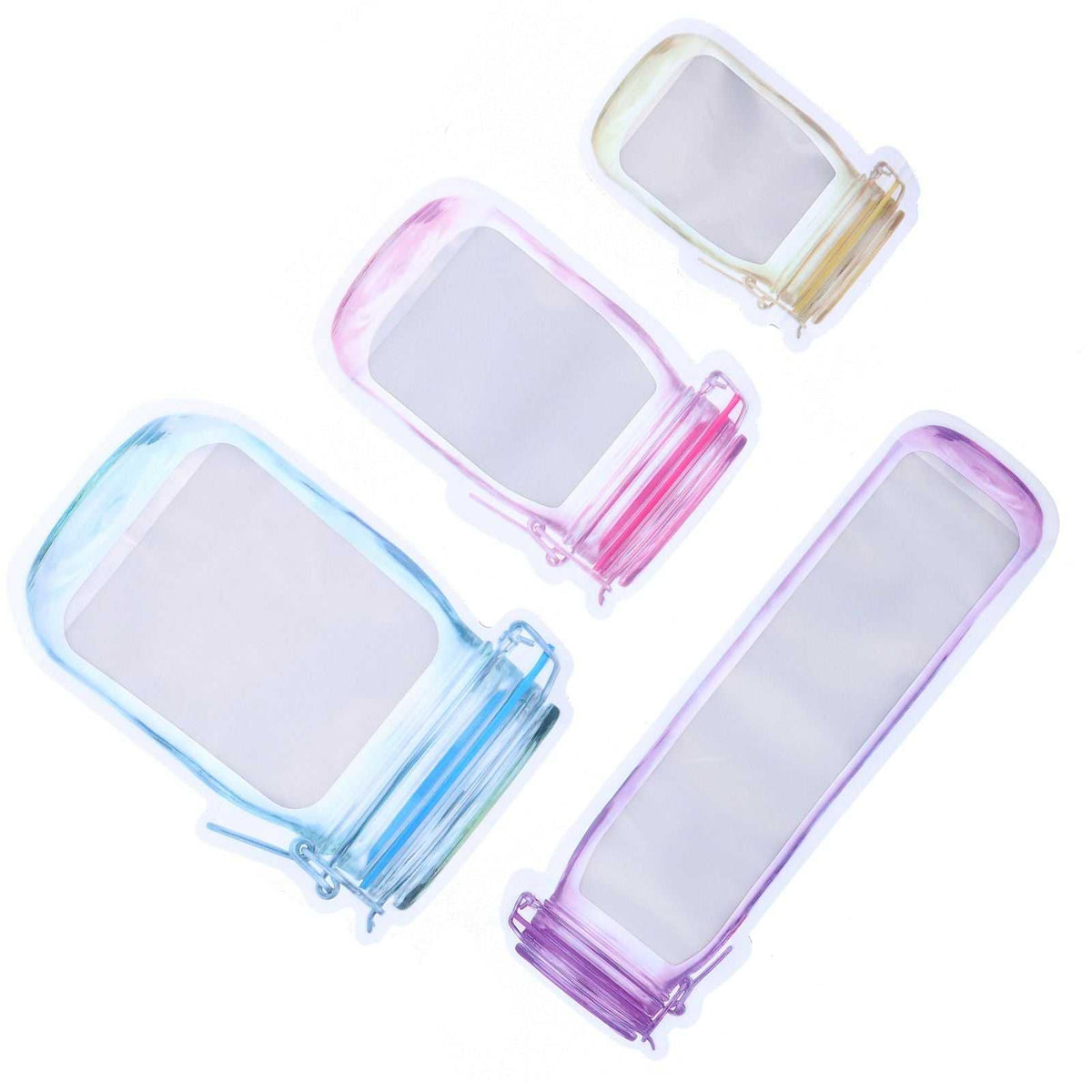 40Pcs Reusable Food Storage Bags in four clear sizes with pastel blue, pink, yellow, and purple edges and zipper seals