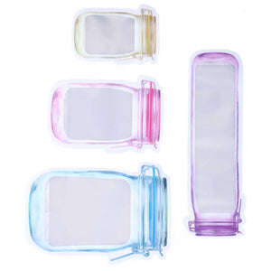 40Pcs Reusable Food Storage Bags in clear flexible plastic with pastel pink, blue, yellow and purple zipper seals in four sizes