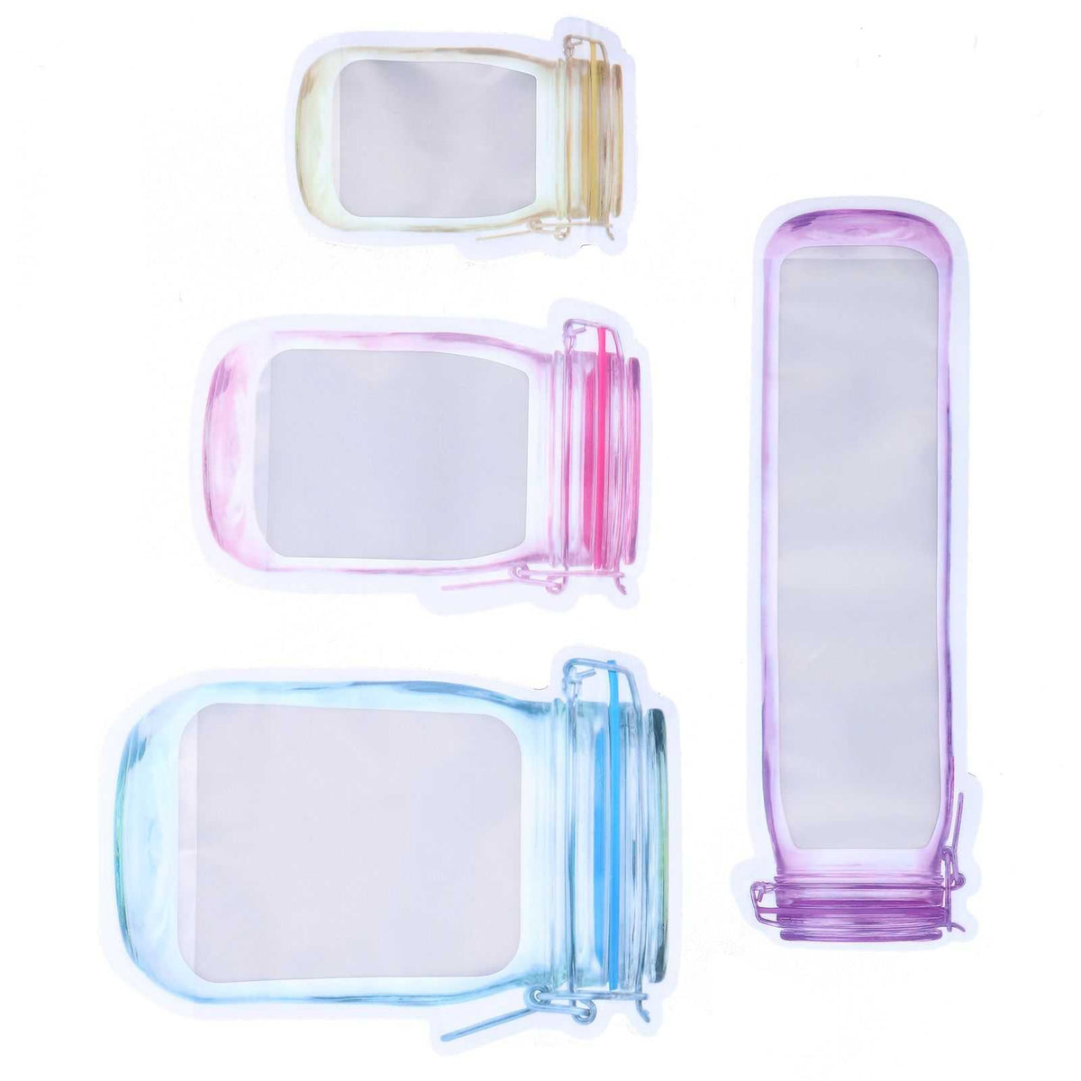 40Pcs Reusable Food Storage Bags in clear flexible plastic with pastel pink, blue, yellow and purple zipper seals in four sizes