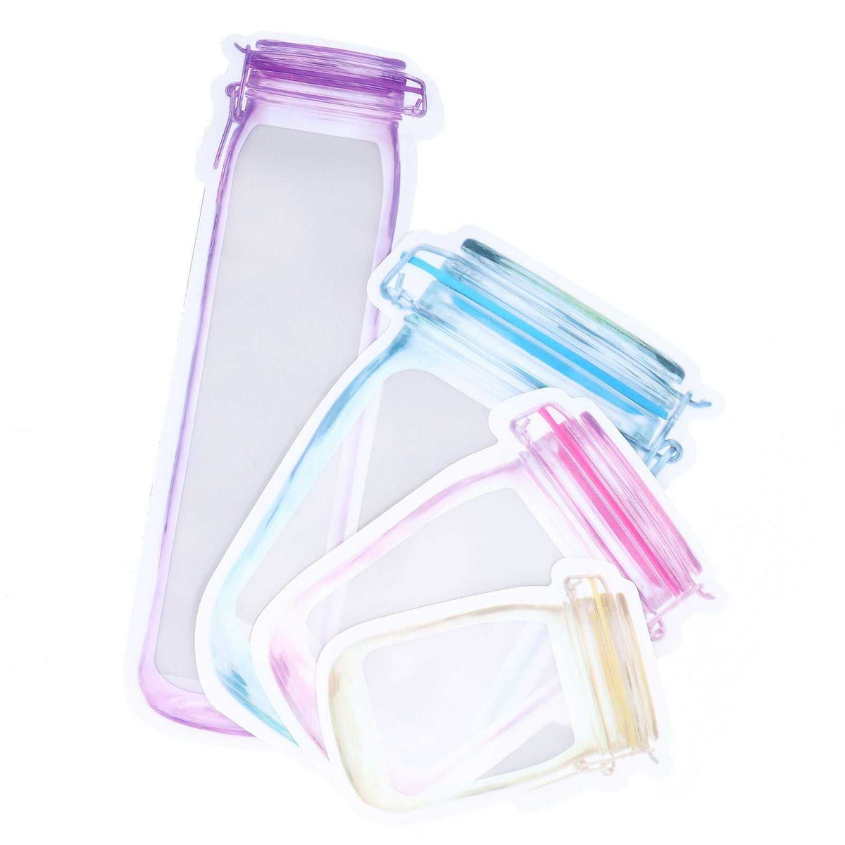 40Pcs Reusable Food Storage Bags in clear PE composite, assorted pastel zipper seals in purple, blue, pink and yellow