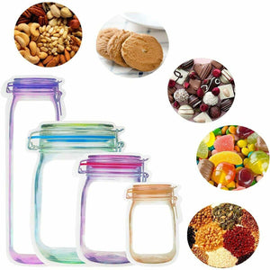 40Pcs Reusable Food Storage Bags in assorted translucent colours, with zipper seals and mixed snacks, sweets and grains