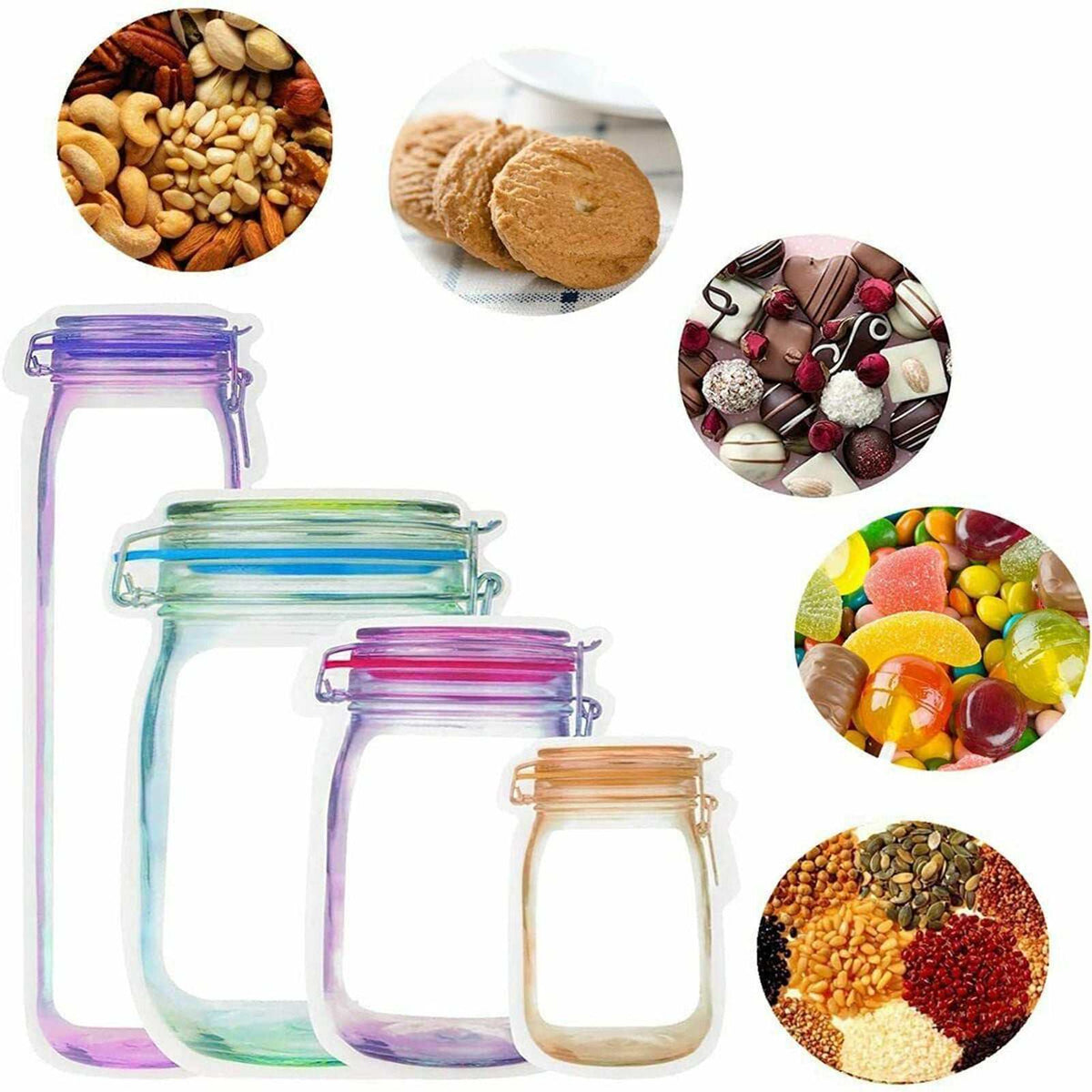 40Pcs Reusable Food Storage Bags in assorted translucent colours, with zipper seals and mixed snacks, sweets and grains
