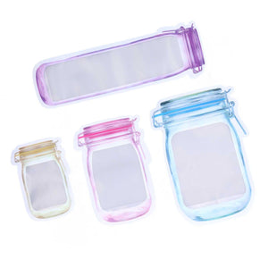 40Pcs Reusable Food Storage Bags in four sizes, translucent PE composite with colorful purple, blue, pink, and yellow zipper seals