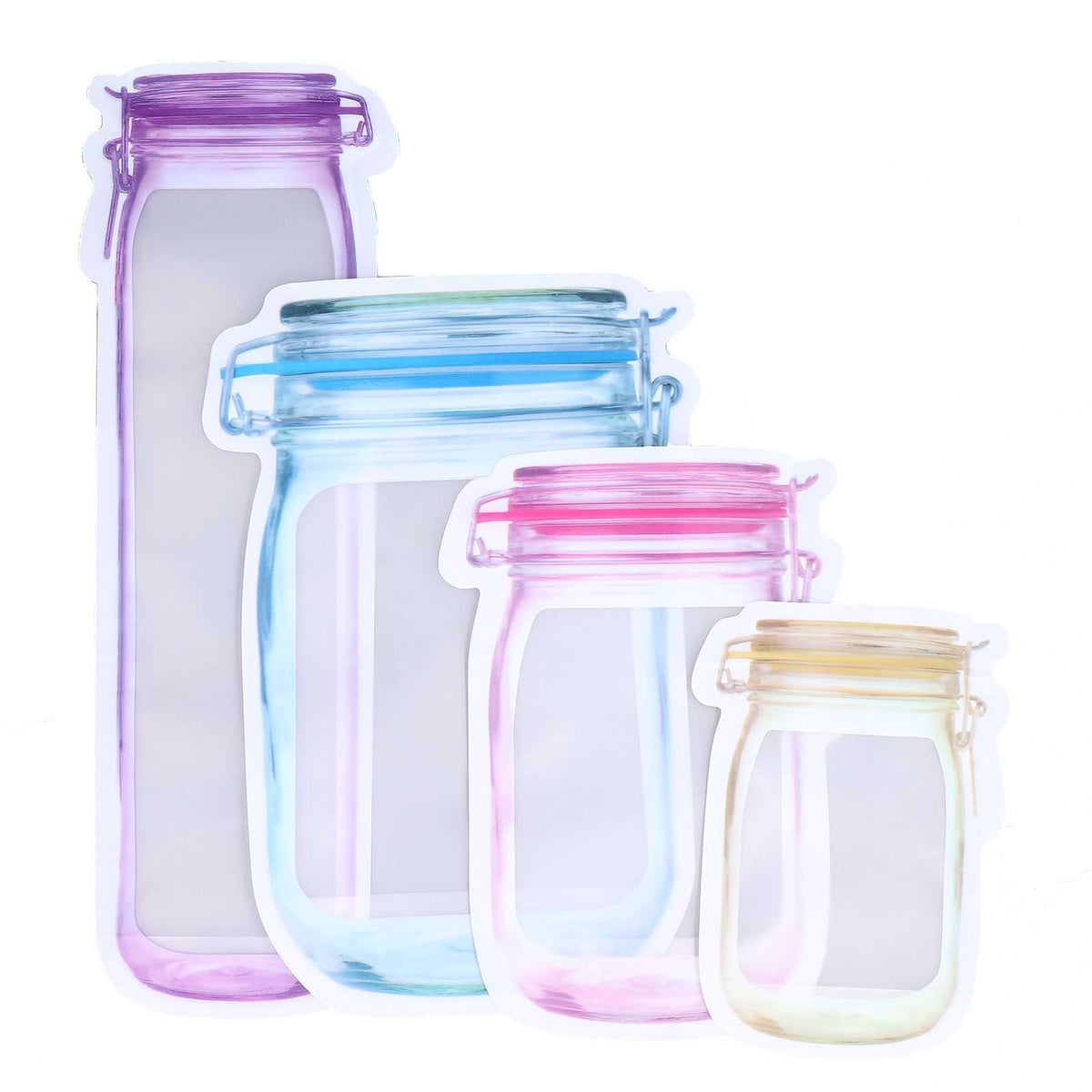 40Pcs Reusable Food Storage Bags in four sizes, translucent PE composite with purple, blue, pink and yellow zipper seals