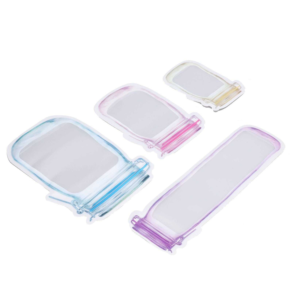 40Pcs Reusable Food Storage Bags in translucent PE composite, shown in four sizes with pink, blue, purple and yellow zipper seals