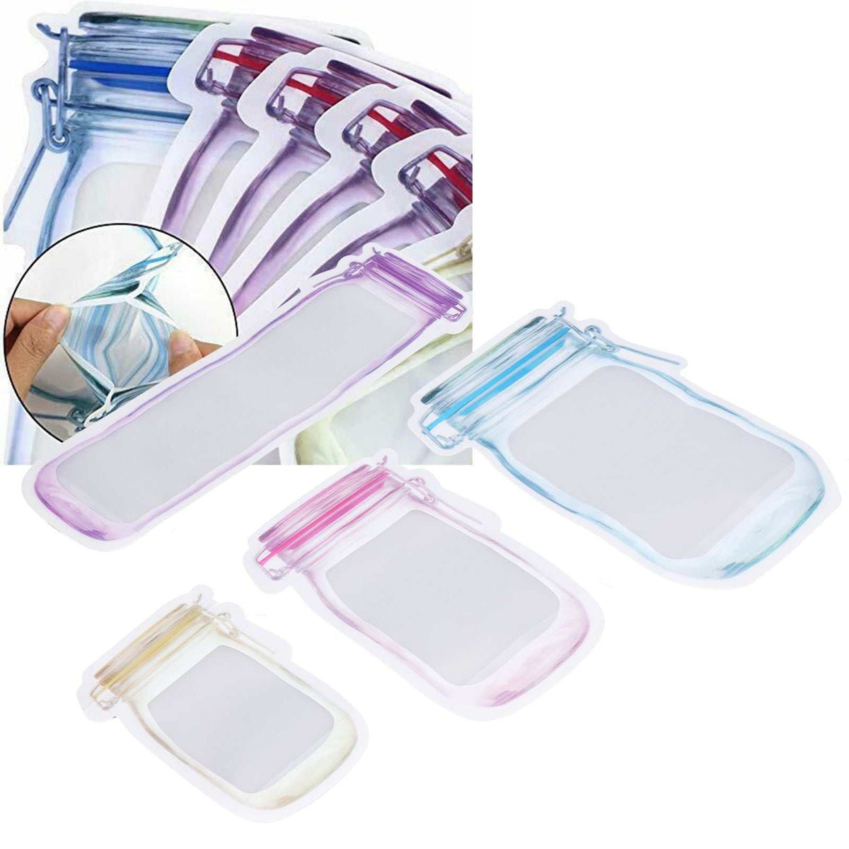 40Pcs Reusable Food Storage Bags in translucent PE composite, assorted sizes with colourful zipper seals and flat rectangular shapes