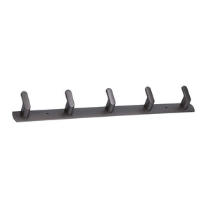 45cm Row Hook rail in dark grey metal with five angled hooks and a slim wall-mounting strip