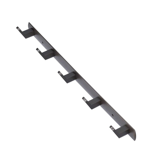 45cm Row Hook rail in dark grey metal with a slim bar and five evenly spaced squared hooks.