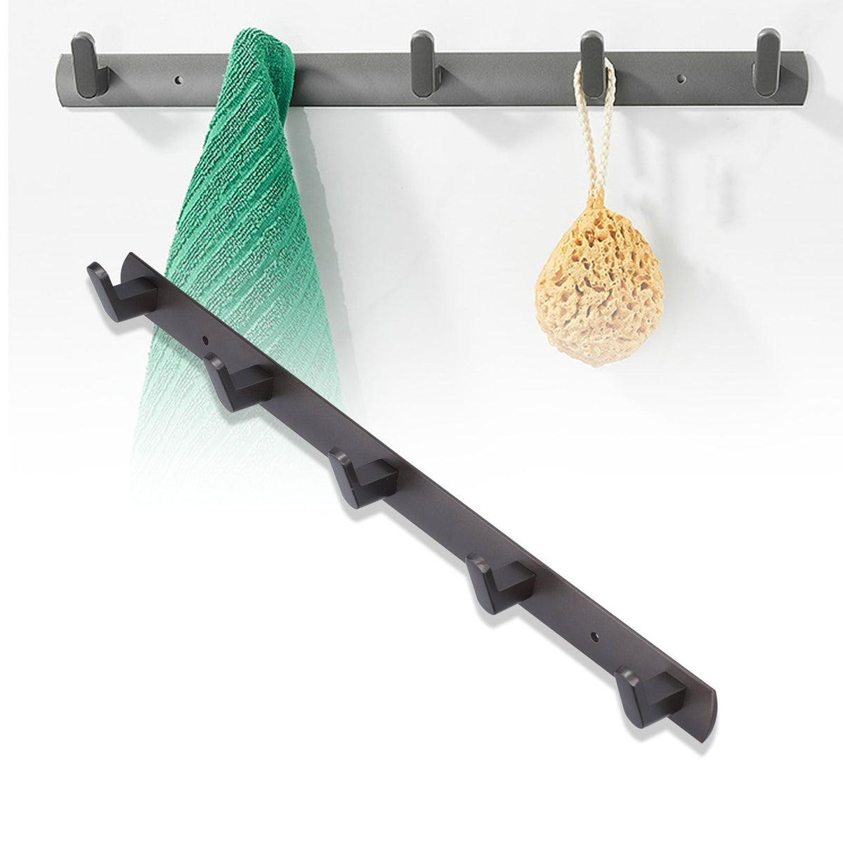 45cm Row Hook rail in grey aluminium with five projecting hooks and a slim, minimalist wall-mounted strip