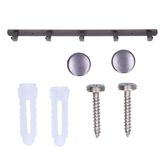 45cm Row Hook rail in grey aluminium alloy with five hooks, shown with two decorative covers, screws and wall plugs
