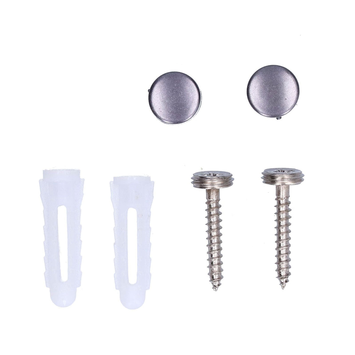 45cm Row Hook mounting kit with two silver screws, two white wall plugs and two round grey decorative caps.