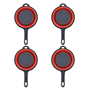 4PCS Collapsible Colander set in red and black plastic, with round perforated bowls, long handles and hanging holes