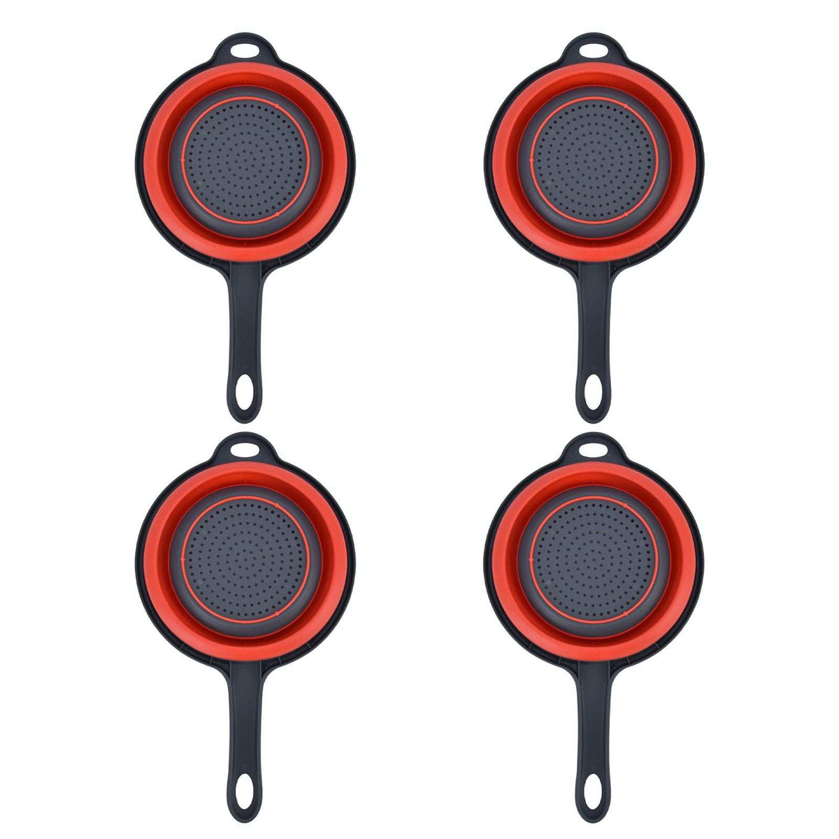 4PCS Collapsible Colander set in red and black plastic, with round perforated bowls, long handles and hanging holes