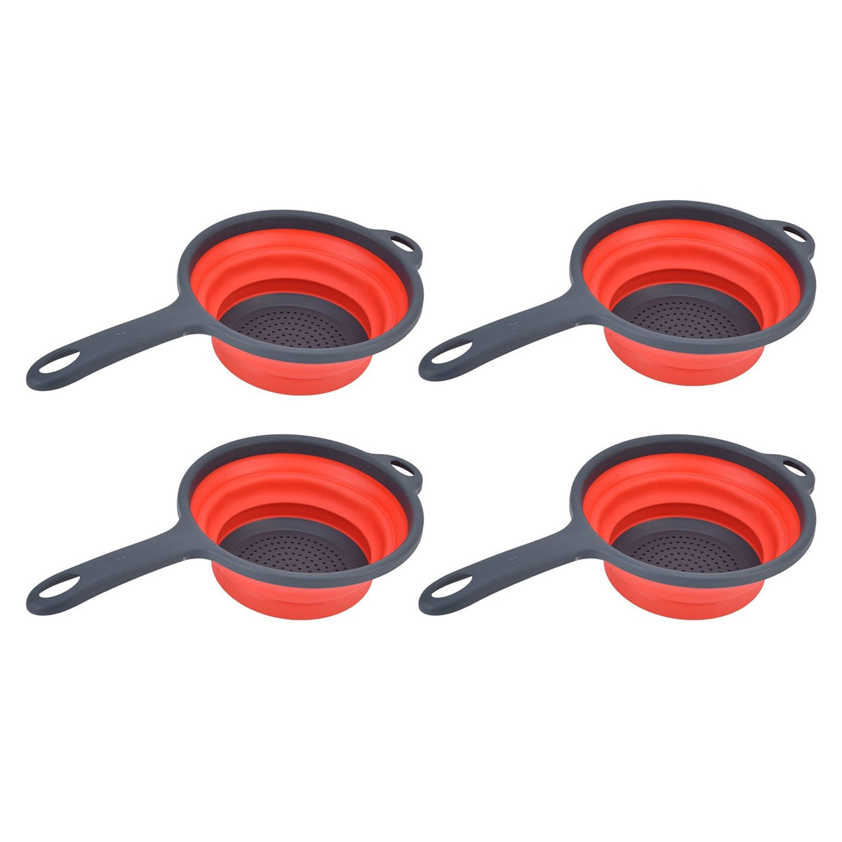 4PCS Collapsible Colander set in red and charcoal plastic, each with a folding bowl, perforated base, handle and hang hole