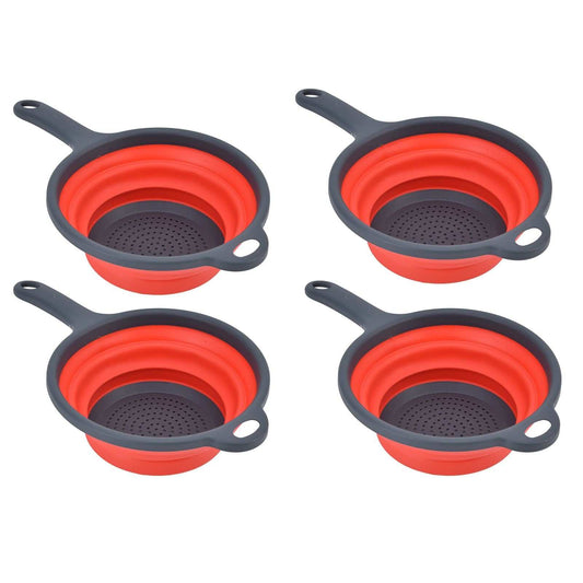 4PCS Collapsible Colander set in bright red silicone and charcoal plastic, with folding bowls, handles and drain holes