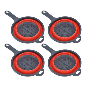 4PCS Collapsible Colander set in red and dark gray plastic, with perforated bowls and handles with hanging holes